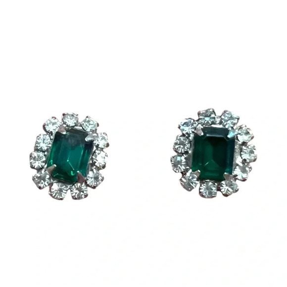 Vintage Jewelry - Vintage Emerald Cubic Zirconia Halo Earrings Costume Jewelry